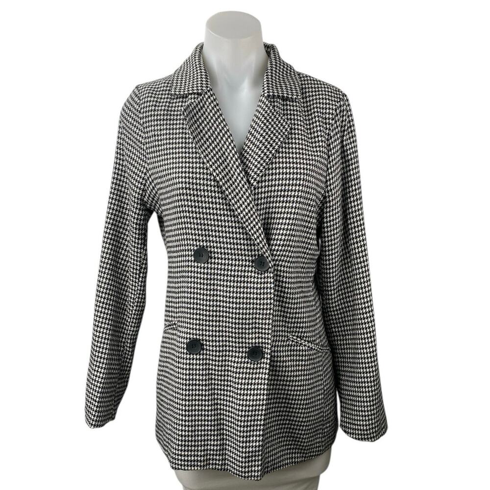 Parisian Black White Houndstooth Checkered Double Breasted Blazer Coat Jacket 6